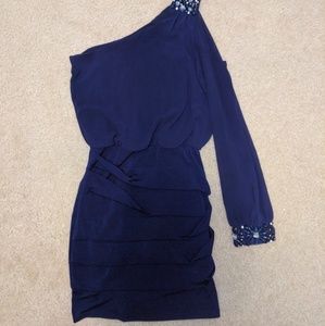 Navy one- shoulder, short party dress